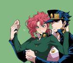  1boy 1girl black_hair earrings gakuran genderswap green_eyes hat jewelry jojo_no_kimyou_na_bouken kakyouin_noriaki kuujou_joutarou pink_hair school_uniform vldksltlah88 