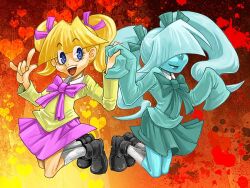  \m/ aqua_bow aqua_bowtie aqua_shirt aqua_skirt black_shoes blonde_hair blue_eyes blue_skin bow bowtie colored_skin commentary_request eyelashes ghost_girl hair_bow hair_over_eyes holding_hands long_hair looking_at_another mari-kari pink_bow pink_bowtie pink_skirt shirt shoes siblings sisters skirt sleeves_past_fingers sleeves_past_wrists socks teeth toon_(style) twins twintails upper_teeth_only white_socks yellow_shirt zel_(zelgatd) 