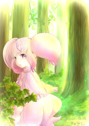  1girl absurdres big_hair commentary_request dated dress eyelashes forest grass highres kamadonomesi leaf long_hair nature original outdoors pink_dress pink_eyes pink_hair solo translation_request twintails 