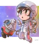  1girl astronaut blush boots brown_eyes brown_hair helmet kiichi rocket_girls skin_tight solo space_craft spacesuit 