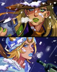  2boys alcohol arizuume beanie blonde_hair blue_eyes blue_hoodie blue_lips blue_sky bottle brown_hat comic_panel_redraw cowboy_hat cup derivative_work goggles goggles_on_headwear green_eyes green_lips green_nails grills gyro_zeppeli hat highres holding holding_bottle holding_cup hood hood_down hoodie horseshoe_hat_ornament horseshoe_ornament johnny_joestar jojo_no_kimyou_na_bouken long_hair makeup male_focus medium_hair multiple_boys nail_polish purple_shirt shirt sky snow snow_on_body snow_on_clothes snow_on_face snow_on_head snowing star_(symbol) steel_ball_run teeth upper_body 