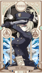  1boy 1girl absurdres abydos_high_school_logo artist_name black_coat black_gloves black_hat blonde_hair blue_archive breasts buttons card_(medium) coat commentary covered_mouth dagger diary double-breasted english_text eyepatch gloves goanchor green_eyes halo hat highlander_railway_academy_logo highres holding holding_dagger holding_knife holding_weapon knife large_breasts long_sleeves medium_hair one_eye_covered peaked_cap roman_numeral solo_focus suou_(blue_archive) tarot tarot_(medium) the_fury_of_set_(blue_archive) the_moon_(tarot) twitter_username weapon yellow_halo 