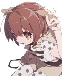  1girl animal_ears animal_hands boro_(tn-boro) brown_hair cape commentary_request gloves hand_on_own_ear magical_girl mahou_shoujo_ikusei_keikaku mahou_shoujo_ikusei_keikaku_unmarked open_mouth orange_eyes pantyhose paw_gloves polka_dot polka_dot_pantyhose short_hair shorts tama_(mahoiku) white_background 