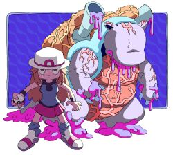  1girl 1other bag blastoise blue_shirt body_horror brown_eyes brown_hair cannon closed_mouth commentary english_commentary frlg.ips hat hellspawnmotel holding holding_poke_ball horror_(theme) leaf_(pokemon) long_hair looking_at_viewer loose_socks no_eyes pink_liquid poke_ball poke_ball_(basic) pokemon pokemon_(creature) pokemon_firered_and_leafgreen red_skirt shirt shoes shoulder_cannon simple_background skirt sleeveless sleeveless_shirt socks sweat sweatdrop turtle water white_hat wristband 