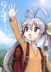  1girl antenna_hair backpack bag clouds collarbone gaihan_umeboshi_mitchell instrument long_sleeves miyauchi_renge mountain non_non_biyori purple_hair randoseru recorder red_eyes sky solo sun twintails 