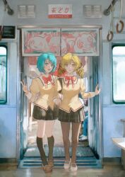 2girls black_pantyhose black_skirt black_socks blonde_hair blue_eyes blue_hair bow bowtie brown_shoes charlotte_(madoka_magica) chartime day drill_hair highres juliet_sleeves kneehighs kyubey loafers long_sleeves looking_at_viewer mahou_shoujo_madoka_magica mahou_shoujo_madoka_magica_(anime) miki_sayaka mitakihara_school_uniform multiple_girls open_mouth pantyhose puffy_sleeves red_bow red_bowtie school_uniform shoes short_hair skirt socks tomoe_mami train_interior translated white_shoes yellow_eyes