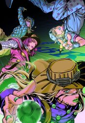  1girl 3boys blue_lips diego_brando gold_teeth green_lips gyro_zeppeli heart_ornament highres horse_print horseshoe horseshoe_hat_ornament horseshoe_ornament hot_pants_(sbr) johnny_joestar jojo_no_kimyou_na_bouken multiple_boys parrotwashhead star_(symbol) star_print steel_ball_(jojo) steel_ball_run 