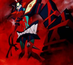  black_hair eyes fusion kill_la_kill living_clothes matoi_ryuuko monster multicolored_hair screencap senketsu short_hair spoilers stitched teeth weapon 