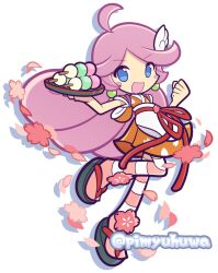  ahoge ankle_flower apron blue_eyes blush_stickers cherry_blossoms clenched_hand commentary_request dango earrings falling_petals flower food full_body hair_ornament hands_up holding holding_plate japanese_clothes jewelry kimono long_hair official_style open_mouth orange_kimono pantyhose petal_print petals pimyuhuwa pink_flower pink_hair pink_pantyhose pink_petals plate print_kimono puyopuyo puyopuyo_quest raffina_(puyopuyo) raffina_(sakura)_(puyopuyo) sandals sanshoku_dango short_kimono short_sleeves simple_background smile striped_clothes striped_pantyhose tasuki twitter_username v-shaped_eyebrows very_long_hair wagashi waist_apron waitress white_apron white_background wing_hair_ornament zouri 