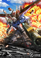  amasaki_yusuke arm_shield beam_cannon blue_sky cannon clenched_hand clouds commentary_request copyright_logo copyright_name copyright_notice day debris directed-energy_weapon energy_cannon energy_sword explosion explosion_background eye_trail gatling_gun glowing glowing_eyes gundam gundam_card_game gundam_seed holding holding_cannon holding_weapon huge_weapon light_trail logo mecha mecha_focus mechanical_wings missile_pod mobile_suit motion_lines no_humans official_art on_one_knee perfect_strike_gundam robot science_fiction sky sword sword_on_back thrusters v-fin weapon weapon_on_back wings yellow_eyes 