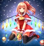  1girl ascot bell black_legwear blonde_hair blush capelet flandre_scarlet hair_ribbon jingle_bell kanzaki_maguro long_hair mary_janes open_mouth red_eyes red_shoes ribbon santa_costume shoes side_ponytail sitting smile solo thighhighs touhou wariza wings wrist_cuffs 