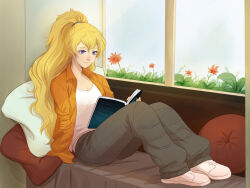  1girl amputee aqua_hair blonde_hair book brown_pants casual closed_mouth commentary commission english_commentary eyelashes fingernails flower full_body hair_between_eyes holding holding_book indoors jacket leaf long_hair nymre open_book open_clothes open_jacket orange_flower orange_jacket pants pillow ponytail reading rwby second-party_source shirt shoes sitting sleeve_tied_shut smile solo spoilers violet_eyes white_shirt white_shoes window yang_xiao_long 