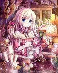  1girl blonde_hair blue_eyes breasts chair cleavage clock cup dress kettle long_hair original phonograph sitting smile solo teacup tin_(wsp85205) 