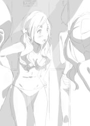 3girls aldnoah.zero amifumi_inko blush bra breasts commentary greyscale locker locker_room long_hair mirror monochrome multiple_girls navel nina_klein open_mouth panties panty_pull rayet_areash scrunchie short_hair solo_focus striped_clothes striped_panties topless_female twintails underwear underwear_only undressing werkbau 
