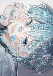  1boy bandaid bandaid_on_cheek bandaid_on_face bandaid_on_hand bandaid_on_neck bandaid_on_nose blue_eyes blue_hair blue_nails colon_(stpri) commentary ear_piercing gem_hair_ornament hair_between_eyes hair_ornament head_rest highres jewelry long_sleeves looking_at_viewer male_focus multiple_rings open_mouth piercing portrait ring ruuka_clmz short_hair sideways simple_background smile solo strawberry_prince too_many_hair_ornaments untranslatable_commentary white_background 
