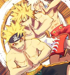  3boys abs aged_down blonde_hair eyeshadow facial_mark highres horizontal_pupils jiraiya_(naruto) makeup male_focus multiple_boys muscular muscular_male namikaze_minato naruto_(series) naruto_shippuuden orange_eyeshadow own_hands_together sennin_mode shorts spiky_hair taku_(aywakutakuay) teacher_and_student toned toned_male topless_male uzumaki_naruto whisker_markings white_hair 