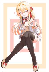  1girl black_thighhighs blonde_hair four-finger_heart_hands hair_between_eyes heart heart_hands highres hololive hololive_dev_is mpdb6 open_mouth otonose_kanade pink_eyes smile solo thigh-highs thighs virtual_youtuber white_background 