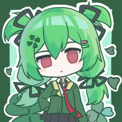  1girl 4chan absurdres aqua_background black_gloves black_skirt blank_eyes blush border closed_mouth clover clover_hair_ornament colored_lineart commentary copyright_logo double-parted_bangs dress_shirt four-leaf_clover four-leaf_clover_hair_ornament gloves green_background green_border green_hair green_jacket green_theme hair_between_eyes hair_ornament hand_on_own_hip head_tilt heart highres jacket light_frown logo long_hair looking_at_viewer loose_necktie necktie no_pupils original outline personification phonetik quad_tails raised_eyebrow red_eyes red_necktie school_uniform shirt skirt solo straight-on thick_lineart untranslatable_commentary upper_body white_outline white_shirt 