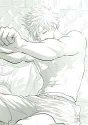  2boys abs bakugou_katsuki boku_no_hero_academia commentary_request highres male_focus male_underwear male_underwear_peek midoriya_izuku multiple_boys navel nipples on_bed oroshi_mi out_of_frame pants pectorals scar scar_on_arm scar_on_chest scar_on_face short_hair sitting sleeping solo_focus toned toned_male underwear 