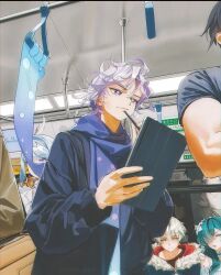  2girls 3boys alyosha_(genshin_impact) genshin_impact highres holding holding_stylus holding_tablet_pc messy_hair mitya_(genshin_impact) multiple_boys multiple_girls odette_(genshin_impact) scarf stylus tablet_pc tatah_tintesh thinking train train_interior valeriy_(genshin_impact) vodyanitsa_(genshin_impact) 