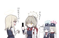  1boy 4girls anna_(blue_archive) backpack bag bar_censor black_hat black_shirt black_skirt black_sweater_vest blonde_hair blue_archive blue_halo bow bowtie brown_hair brown_halo censored censored_gesture character_request coat commentary_request doodle_sensei_(blue_archive) earmuffs erina_(blue_archive) grey_eyes grey_hair halo hat middle_finger multiple_girls pink_halo pleated_skirt rana_(blue_archive) randoseru red_bag red_bow red_bowtie sensei_(blue_archive) shirasu_kuretaka shirt simple_background skirt sweater_vest translation_request white_background white_coat white_shirt yellow_eyes yellow_halo 