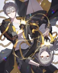  1boy 1girl ajeu914 black_gloves black_jacket black_pants black_skirt caelus_(honkai:_star_rail) closed_mouth commentary_request cowboy_shot dual_persona fingerless_gloves gloves glowing grey_hair highres honkai:_star_rail honkai_(series) jacket long_hair long_sleeves looking_at_viewer pants parted_lips shirt short_hair simple_background skirt stelle_(honkai:_star_rail) trailblazer_(honkai:_star_rail) white_background white_shirt yellow_eyes 