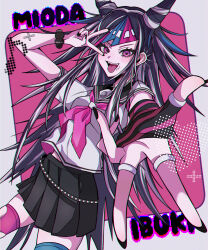  1girl absurdres asymmetrical_legwear black_hair black_scrunchie blue_streaks commentary_request danganronpa_(series) danganronpa_2:_goodbye_despair ear_piercing face_piercing gloves hair_horns highres jewelry lip_piercing long_hair magurou_(magurou111) mioda_ibuki mismatched_legwear mouth_piercing multicolored_hair neckerchief open_mouth piercing pink_eyes pink_hair pink_neckerchief pink_streaks sailor_collar school_uniform scrunchie shirt short_sleeves skirt smile solo streaked_hair striped_clothes striped_gloves thigh-highs torn_clothes torn_thighhighs white_hair white_shirt white_streaks 