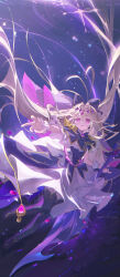  absurdres artist_name black_background black_bow black_pantyhose blonde_hair bow cure_arcana_shadow dress fantasy full_body hair_bow hair_intakes highres holding holding_staff long_hair looking_at_viewer meitantei_precure! moria_luluka pantyhose precure reaching reaching_towards_viewer red_eyes siole split_mouth staff two-tone_dress very_long_hair 