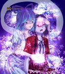  2girls akiraha_(nankaugoita) blood blood_from_mouth blood_on_face blue_eyes blue_hair breasts cleavage collarbone colored_eyelashes dress fang floral_background glowing glowing_hand hagoromo hair_ornament hair_rings hair_stick kaku_seiga looking_away miyako_yoshika multiple_girls ofuda open_clothes open_mouth open_shirt parted_lips puffy_short_sleeves puffy_sleeves purple_background ribbon shawl short_hair short_sleeves skirt touhou under_boob vest 