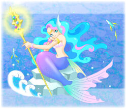  1girl aqua_eyes aqua_hair archived_source armlet bikini blue_background bracelet circlet commentary_request fins fish fish_tail fujii_makiko gold_armlet head_fins holding holding_staff jewelry merfolk mermaid monster_girl multicolored_hair navel original pearl_bracelet pink_hair scales shell shell_bikini sitting solo staff swimsuit tail waves 