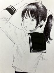  1girl commentary_request from_behind greyscale hair_tie hair_tie_in_mouth hands_up high_contrast highres long_hair looking_at_viewer looking_back monochrome mouth_hold original pen_(medium) ponytail sailor_collar sailor_shirt school_uniform shirt signature solo traditional_media turning_head tying_hair upper_body yoshimizm 