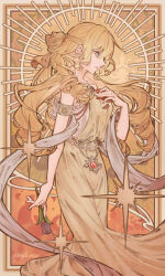 1girl alternate_costume armlet blonde_hair blue_eyes card claire_francois commentary_request dress drill_hair flower gold_armlet highres holding holding_flower jewelry long_hair petals purple_flower purple_tulip rose_petals solo tarot tarot_card tulip twitter_username watashi_no_oshi_wa_akuyaku_reijou watermark xufi2468 yellow_dress 
