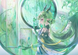  1girl absurdres arknights arknights:_endfield bare_shoulders beads black_horns blue_butterfly blue_eyes bug butterfly chinese_commentary closed_mouth colored_extremities commentary_request dragon_girl dragon_horns dress earrings from_side green_butterfly green_hair green_theme highres horns jewelry leaf long_hair partial_commentary plant pointy_ears profile si_(arknights) solo white_dress zsha 