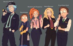  1diotrickprime 2girls 3boys alternate_universe belt beth_smith black_hat black_jacket black_pants black_suit black_vest blonde_hair blue_hair blue_shirt bottle breast_pocket brown_hair clipboard closed_mouth clothes_writing commentary cup disposable_cup drinking_straw english_commentary english_text family feet_out_of_frame formal_clothes gloves green_necktie green_shirt grey_background hand_in_pocket hat hat_writing highres holding holding_clipboard holding_cup holding_phone jacket jerry_smith lapels long_hair looking_at_viewer morty_smith multiple_boys multiple_girls name_tag necktie orange_hair pants phone pink_shirt pocket ponytail red_shirt rick_and_morty rick_sanchez security_guard shirt short_hair simple_background spiky_hair spray_bottle standing suit summer_smith vest white_shirt yellow_gloves 