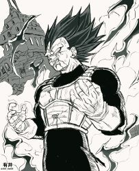  1boy absurdres arii_me05 artist_name battle_damage commentary dragon_ball dragon_ball_super english_commentary highres male_focus saiyan saiyan_armor signature smile solo spiky_hair super_saiyan torn_clothes twitter_username ultra_ego_(dragon_ball) vegeta 