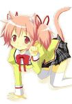  1girl animal_ears bow cat_ears cat_tail kaname_madoka kemonomimi_mode mahou_shoujo_madoka_magica paw_pose pink_eyes pink_hair school_uniform skirt smile solo tail thighhighs tsubaki_(tatajd) twintails white_legwear 