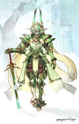  1other ambiguous_gender armor artist_name cape commentary_request couter cuirass elf fake_horns falling_petals fantasy floating_cape full_armor full_body gauntlets greatsword greaves green_armor hand_on_hilt helmet highres horned_helmet horns knight looking_at_viewer nagasawa_tougo original pauldrons petals planted planted_sword plate_armor pointy_ears poleyn rerebrace sabaton shoulder_armor sketch_background standing sword tabard tassets twitter_username two-handed_sword weapon white_cape white_petals white_tabard 