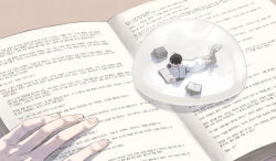  1boy black_hair book commentary crossed_ankles dreaming_nozomu feet_up kim_dokja korean_text lying mini_person miniboy oldest_dream omniscient_reader's_viewpoint on_stomach open_book pov pov_hands shirt short_hair t-shirt translation_request white_shirt 
