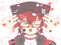  1boy absurdres alternate_costume animal_hat badge bandaid bandaid_on_face bandaid_on_hand bandaid_on_nose beanie belt_collar bespectacled black_nails button_badge cat_hat chain chain_necklace collar commentary english_commentary fangs fashion glasses hair_ornament hairclip hat headphones headphones_around_neck heart heart_hair_ornament heart_sticker highres holostars holostars_english jewelry kitt0_o machina_x_flayon male_focus nail_polish necklace one_eye_closed open_mouth portrait red-framed_eyewear red_collar red_hair safety_pin short_hair solo star_(symbol) sticker sticker_on_face sticker_on_hand virtual_youtuber x_hair_ornament 