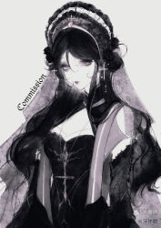  1girl absurdres black_hair bonnet closed_mouth commission cross cross_necklace dress eyelashes hair_between_eyes highres jewelry latin_cross long_hair looking_at_viewer mihuashi_commission necklace nnnadaline original pink_eyes sidelocks solo spot_color upper_body watermark 