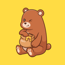  1other absurdres animal animal_ears animal_focus bear bear_ears bear_tail black_eyes brown_bear cel_shading eating food hand_in_honeypot highres honey honeypot non-web_source one_eye_closed short_tail simple_background sitting tagme tail yellow_background 