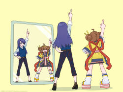  2girls ahoge ankle_socks back_bow blue_hair blush bow brown_eyes brown_hair closed_eyes collared_shirt commentary_request double_bun from_behind hair_bun hamafugu hand_on_own_hip highres idolmaster imadake_dabuchi_tabemi imadake_tsukimi_tabemi kisaragi_chihaya layered_clothes looking_at_mirror mcdonald's mirror multiple_girls official_art open_mouth pants platform_sandals pleated_skirt pointing pointing_up posing sandals shirt skirt socks striped_clothes striped_pants sweater_vest waist_bow yellow_background 
