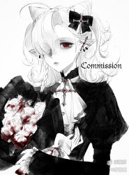  1girl absurdres ahoge ascot blood bouquet bow braid braided_base bun_with_braided_base closed_mouth commission cone_hair_bun double_bun earrings greyscale hair_bow hair_bun hair_over_one_eye highres holding holding_bouquet jewelry juliet_sleeves long_sleeves medium_hair mihuashi_commission monochrome nnnadaline one_eye_covered original pointy_ears puffy_sleeves red_eyes side_braid solo spot_color 