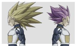  1boy blonde_hair commentary_request dragon_ball dragon_ball_daima dragon_ball_super long_hair multiple_persona muscular muscular_male n_(n14542698) purple_hair saiyan saiyan_armor spiky_hair super_saiyan super_saiyan_3 tall_hair transformation ultra_ego_(dragon_ball) vegeta 