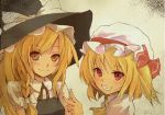  2girls aby_(tomatan) ascot blonde_hair bow braid bust fang flandre_scarlet gradient gradient_background grin hair_bow hat hat_ribbon kirisame_marisa long_hair looking_at_viewer mob_cap multiple_girls red_eyes ribbon short_sleeves side_ponytail simple_background single_braid smile touhou v vest witch_hat yellow_eyes 