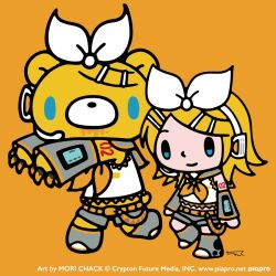  1boy 1girl animal_ears aqua_eyes bear bear_ears bear_paws blonde_hair bow commentary_request gloomy_bear hair_ornament hairclip headphones headset itazuraguma_no_gloomy kagamine_rin leg_warmers mori_chack number_tattoo official_art orange_background parallel_hairclips short_hair simple_background tattoo vocaloid white_bow 