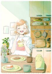  1girl :d ^_^ blonde_hair blush bowl cabinet closed_eyes coffee_mug commentary_request crew_neck cup doughnut eating facing_viewer flower food food_on_face hair_ornament hairclip hands_up happy highres holding holding_food indoors itunohika kitchen mug open_mouth original oven_mitts plant plate pov_across_table shirt short_hair short_sleeves slice_of_life smile solo straight-on straight_hair t-shirt table tile_wall tiles vase vines white_flower white_shirt 