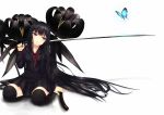  1girl black_hair butterfly katana long_hair noririn original red_eyes school_uniform serafuku solo sword thighhighs weapon 