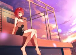  1girl ange_katrina ange_katrina_(summer_casual) arm_support bare_arms bare_legs bare_shoulders barefoot black_skirt blue_eyes breasts chain-link_fence closed_mouth clouds collared_shirt commentary_request fence full_body hair_between_eyes hair_intakes high-waist_skirt knees_together_feet_apart kumanoaburi looking_ahead medium_hair miniskirt nijisanji non-circular_lens_flare on_rooftop outdoors purple_sky red_hair shirt shirt_tucked_in sitting skirt sky sleeveless sleeveless_shirt small_breasts smile solo sunset virtual_youtuber white_shirt 