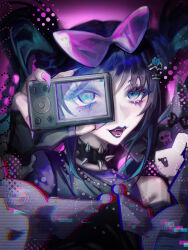  1girl absurdres ado_(utaite) blue_eyes bow chando_(ado) choker commentary eyelashes fangs glitch hair_bow hair_ornament hairclip highres kuromi looking_at_viewer miena_(xtxaxyxlxox) mole mole_under_eye nail_polish pink_nails purple_bow sailor_collar sanrio spiked_choker spikes 